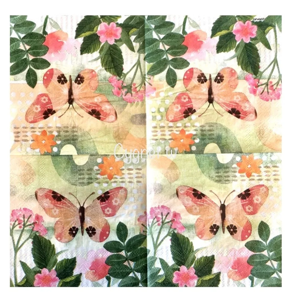 Peachy Pink Butterfly Decoupage Two (2) Individual Cocktail Napkins $FIRM